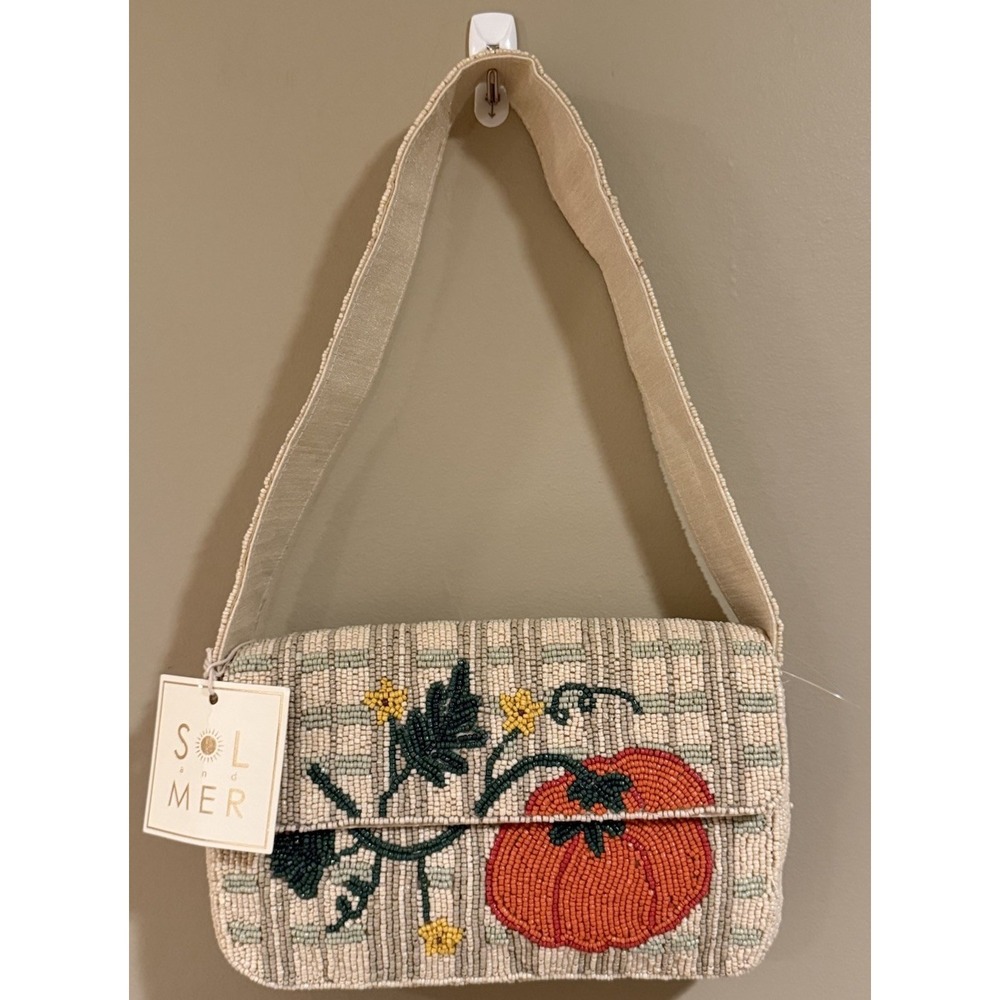 Sol and Mer Small Beaded Fall Pumpkin Vine Handbag Snap Closure Beige Multi NWT